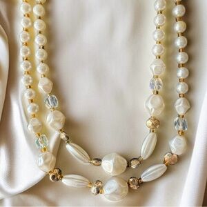 Vintage Japan Double Strand Faux Pearl Necklace with Gold and Crystal Accents